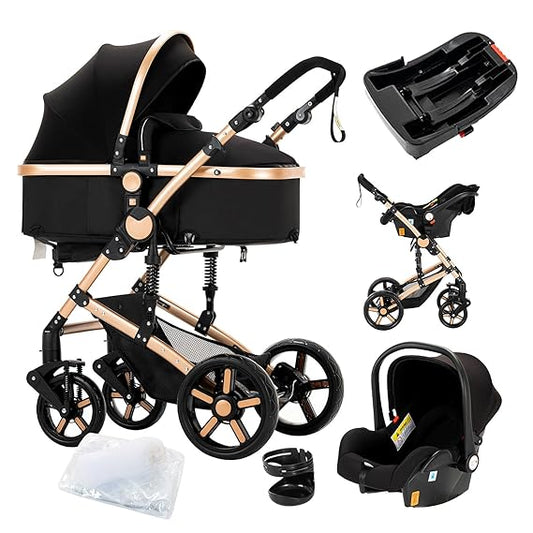 3 in 1 Baby Travel System Reversible Baby Stroller Pushchair Portable Baby Standard Pram Buggy Baby Carriage Foldable Luxury Baby High Landscape Pram for Toddler Newborn (UD588-BLACKGOLD with Base)