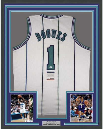 Framed Autographed/Signed Muggsy Bogues 35x39 Charlotte White Basketball Jersey PSA/DNA COA