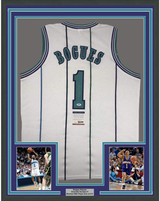 Framed Autographed/Signed Muggsy Bogues 35x39 Charlotte White Basketball Jersey PSA/DNA COA