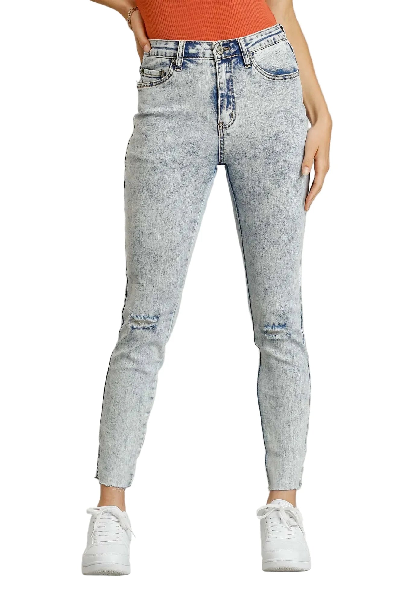 5-Pockets Distressed Detail Stretch Denim Skinny Jeans with Unfinished Hem