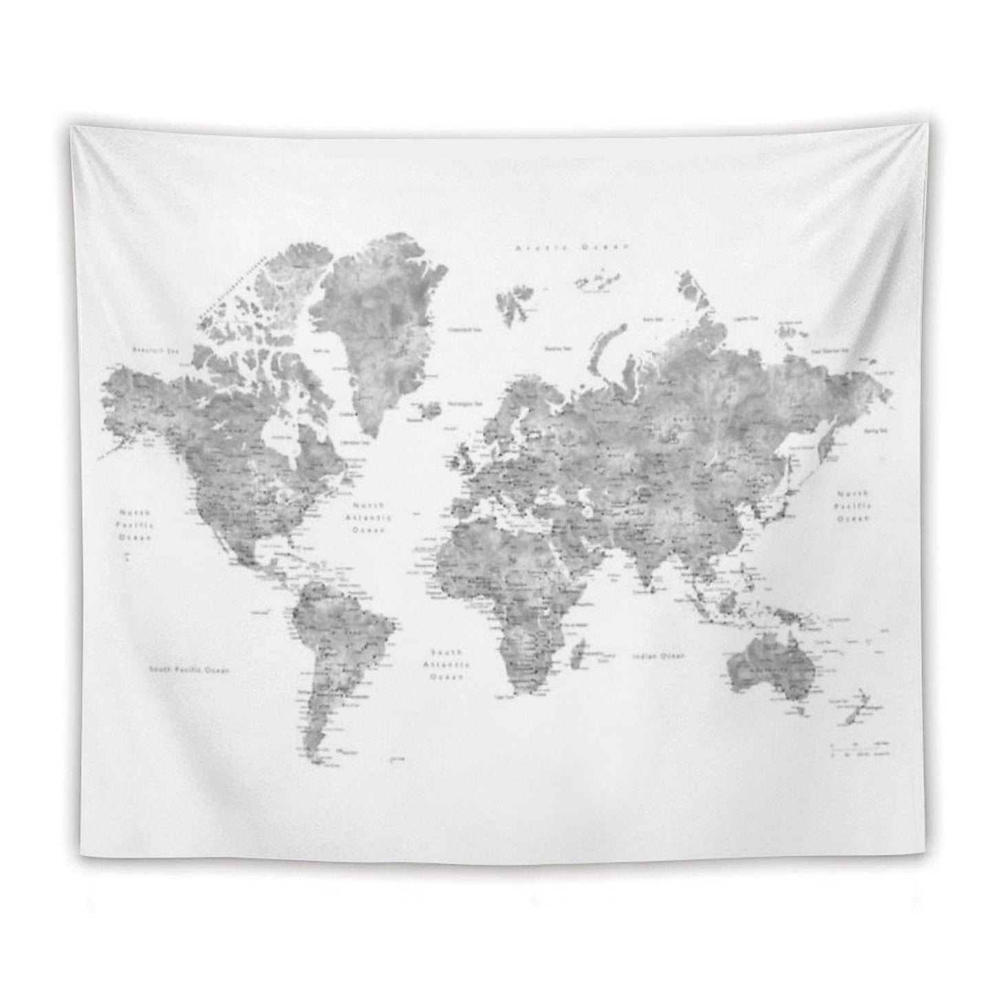 Grayscale Watercolor World Map with Cities Tapestry