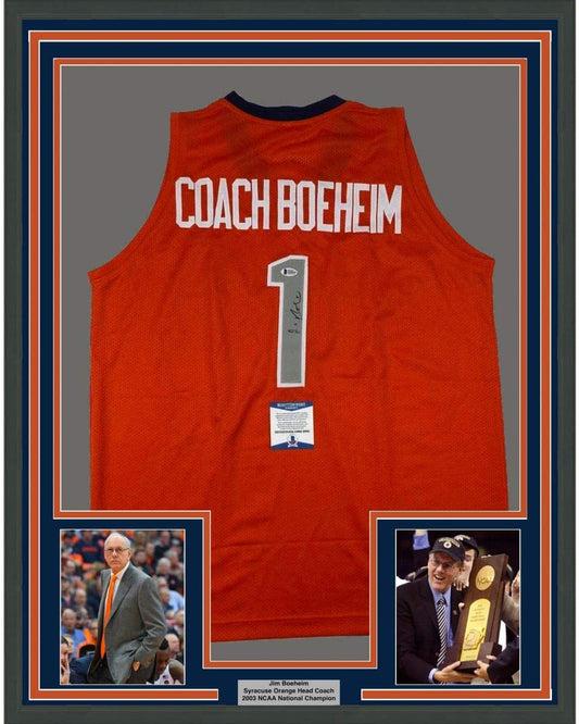 Framed Autographed/Signed Jim Boeheim 35x39 Syracuse Orange Coach College Basketball Jersey JSA COA