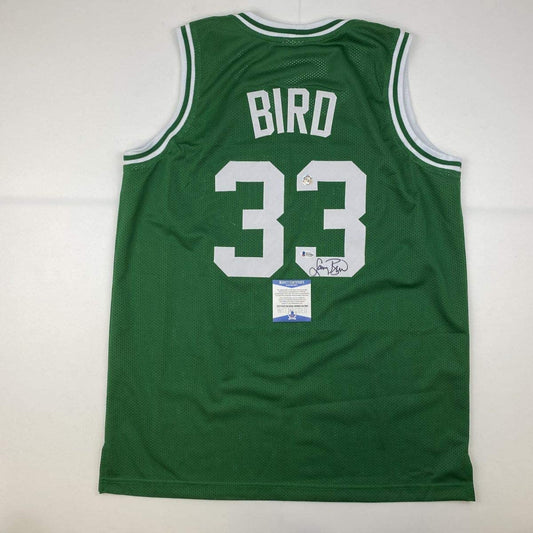 Autographed/Signed Larry Bird Boston Green Basketball Jersey Beckett BAS COA