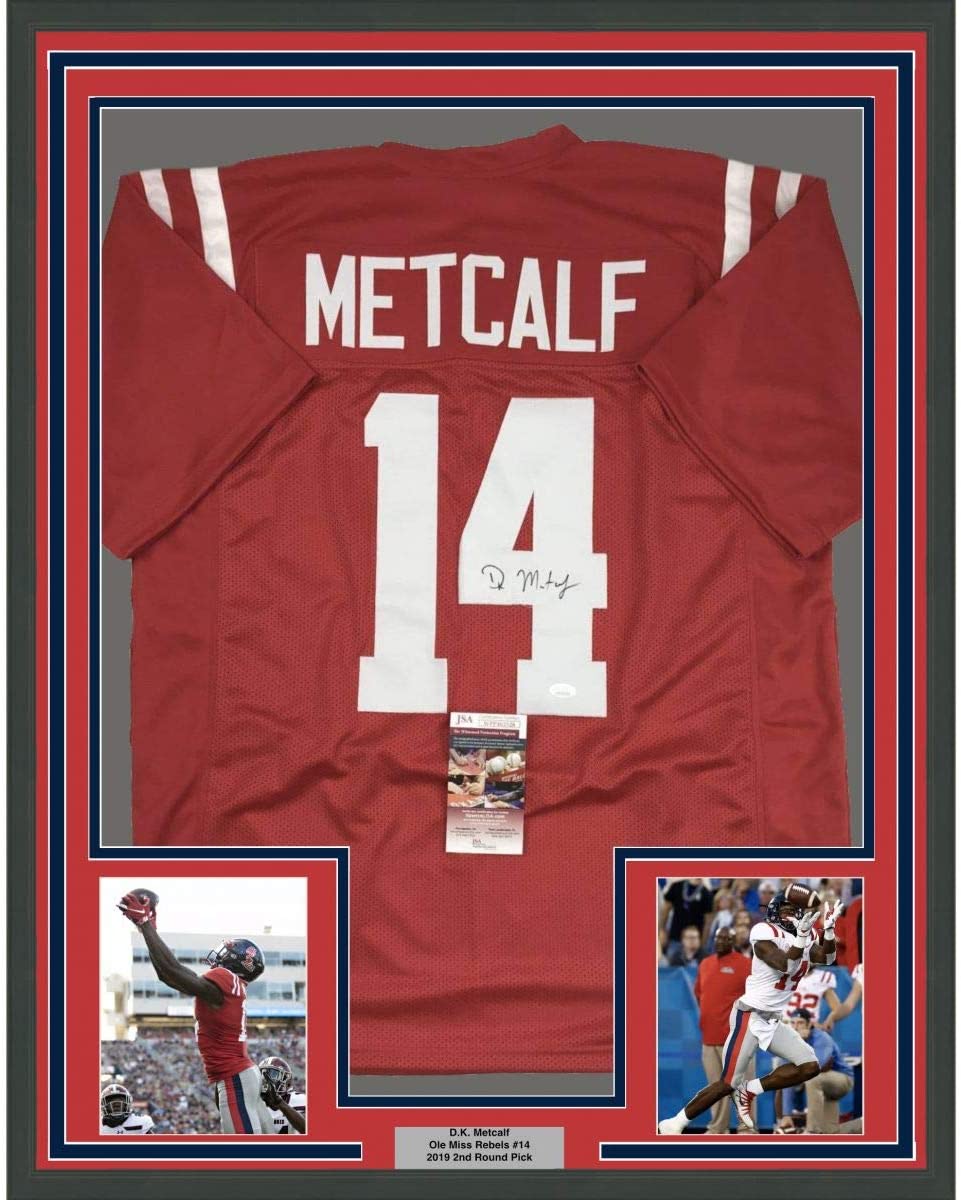 Framed Autographed/Signed DK D.K. Metcalf 35x39 Ole Miss Red College Football Jersey JSA COA