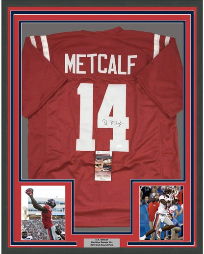 Framed Autographed/Signed DK D.K. Metcalf 35x39 Ole Miss Red College Football Jersey JSA COA