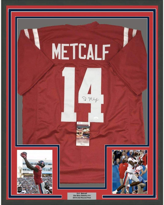 Framed Autographed/Signed DK D.K. Metcalf 35x39 Ole Miss Red College Football Jersey JSA COA