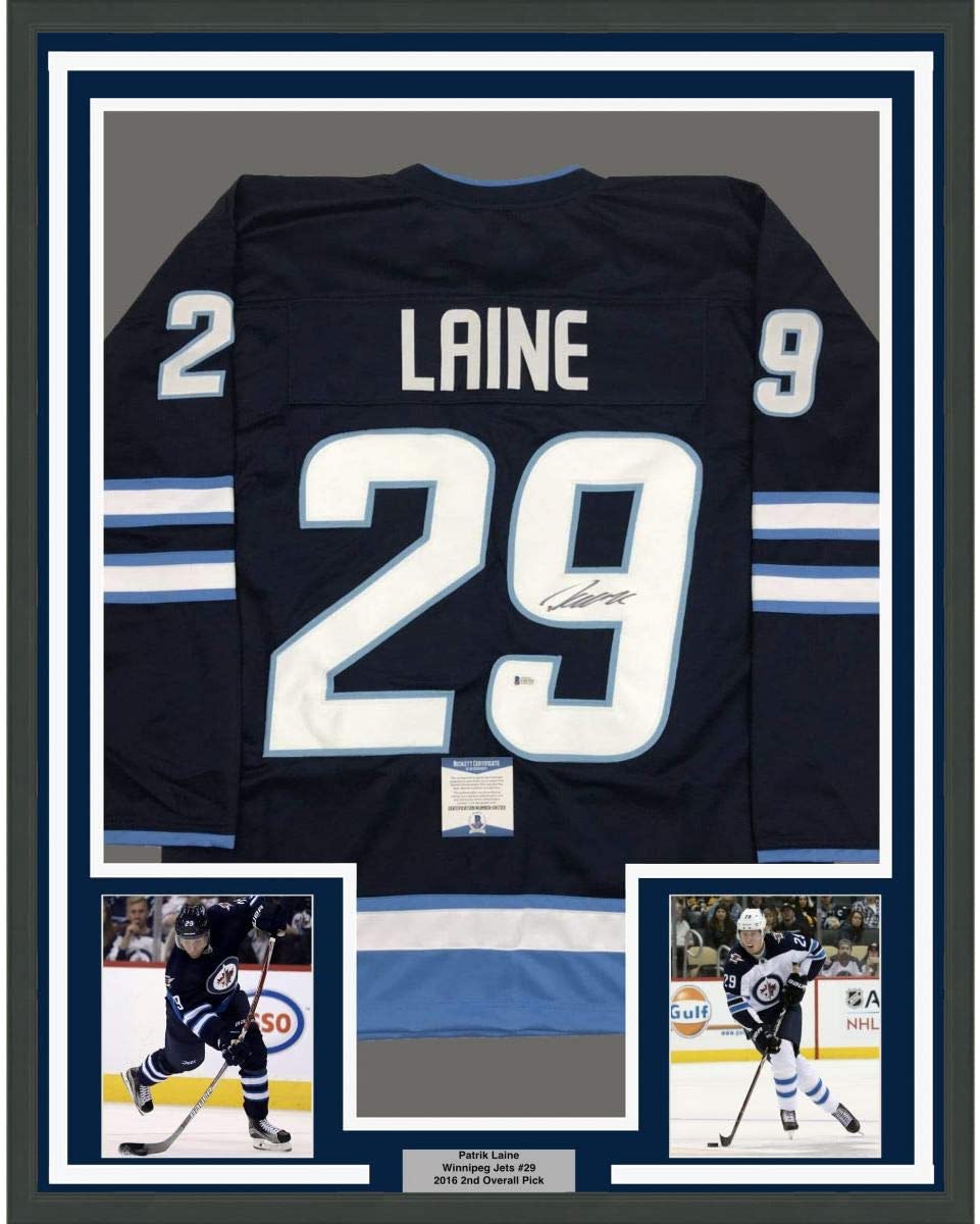 Framed Autographed/Signed Patrik Laine 35x39 Winnipeg Blue Hockey Jersey Beckett BAS COA