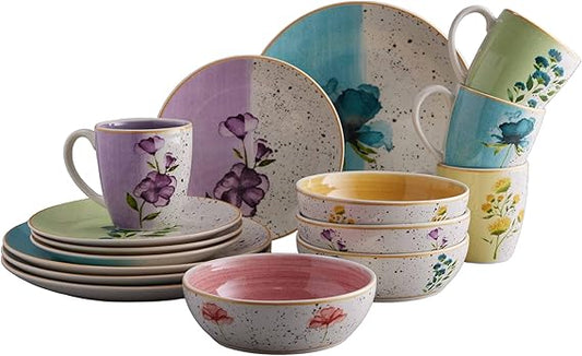 Corona Dinnerware Set 16_†_ piece, Plates Bowls and Mugs Set, Ceramic Sets for 4, Microwave and Dishwasher Safe, Armonia Floral Design
