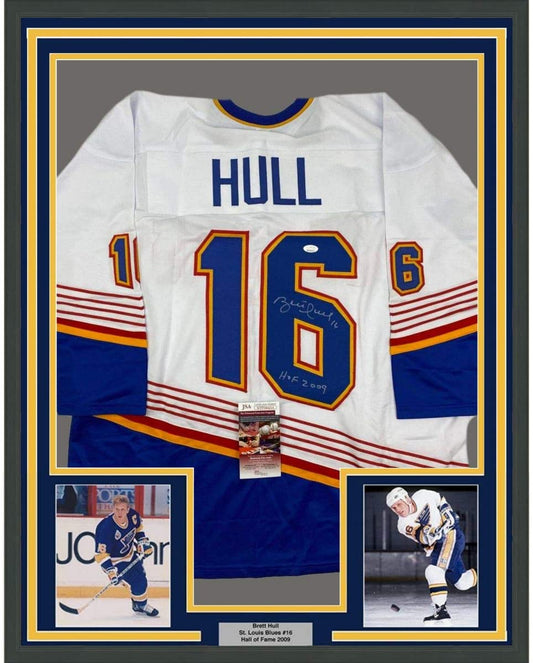 Framed Autographed/Signed Brett Hull HOF 2009 35x39 St. Louis Retro White Hockey Jersey JSA COA