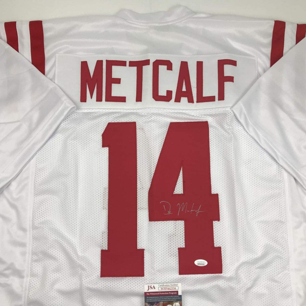 Autographed/Signed DK D.K. Metcalf Ole Miss White College Football Jersey JSA COA