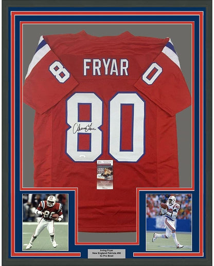 Framed Autographed/Signed Irving Fryar New 35x39 England Red Football Jersey JSA COA