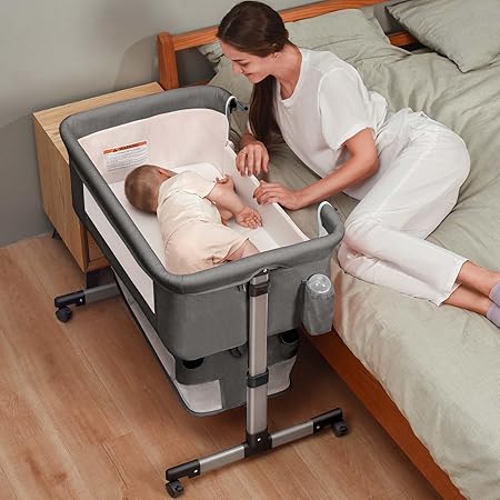 Bedside Crib, 3 in 1 Baby Crib Adjustable Portable Bed for Infant, Baby Bassinet with Mosquito net Baby Newborn Must Have Bed, Grey
