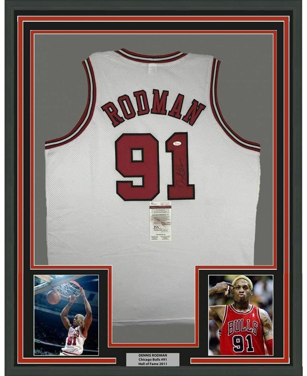 Framed Autographed/Signed Dennis Rodman 35x39 Chicago White Basketball Jersey JSA COA