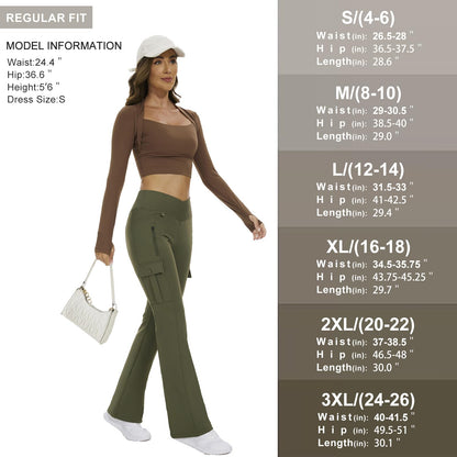 Flare Leggings for Women Yoga Crossover High Waist Pants with Tummy Control Workout Cargo with 5 Pockets Bootcut Leggings,Army Green(XL)