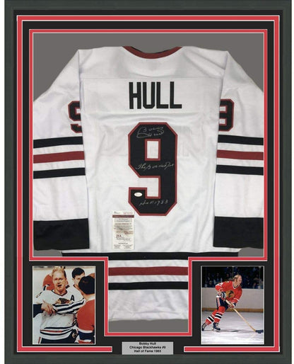 Framed Autographed/Signed Bobby Hull The Golden Jet HOF 1983 35x39 Chicago White Hockey Jersey JSA COA