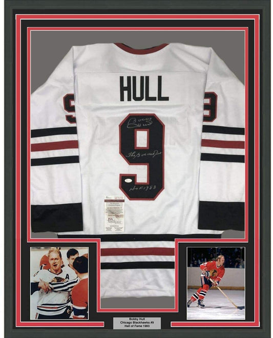 Framed Autographed/Signed Bobby Hull The Golden Jet HOF 1983 35x39 Chicago White Hockey Jersey JSA COA