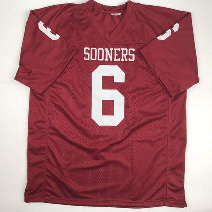 Autographed/Signed Baker Mayfield HT 17  Oklahoma Crimson Football Jersey Beckett BAS COA