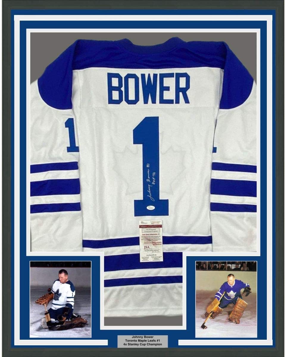 Framed Autographed/Signed Johnny Bower HOF 76 35x39 Toronto Blue Hockey Jersey JSA COA