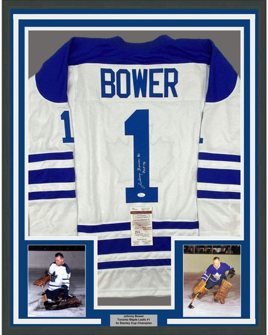 Framed Autographed/Signed Johnny Bower HOF 76 35x39 Toronto Blue Hockey Jersey JSA COA