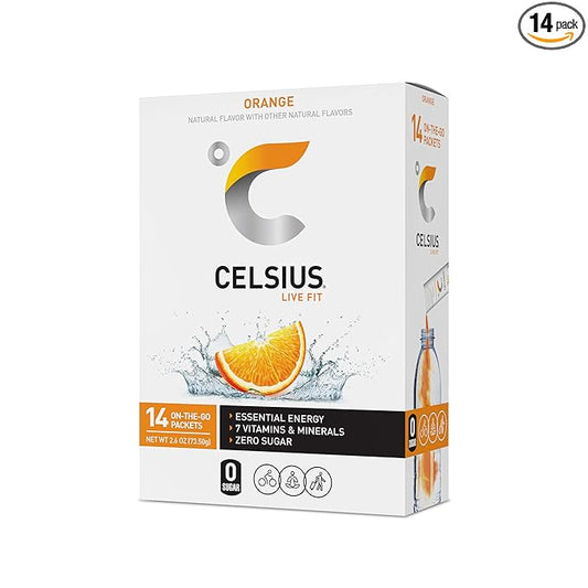 CELSIUS On-the-Go Powder Stick Zero Sugar (14 Sticks per Pack), Orange, 2.60 Oz