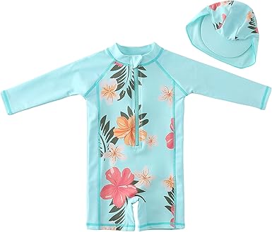 Baby Girl Beach Swimwear Long Sleeve Rashguard UPF 50+ -Sun Protective Sunsuit with Hat