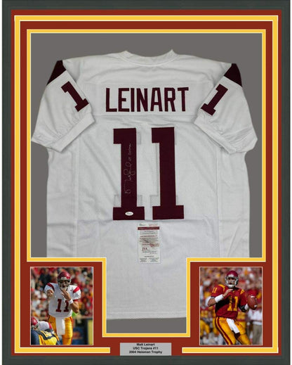 Framed Autographed/Signed Matt Leinart 04 Heisman 35x39 USC Southen Cal White College Football Jersey JSA COA