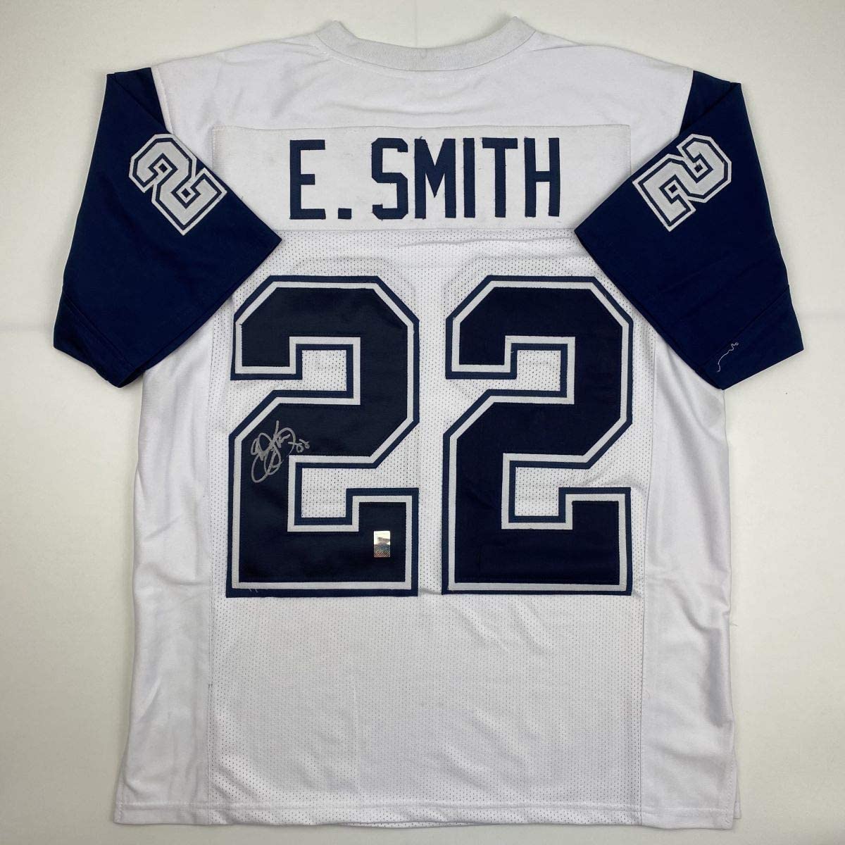 Autographed/Signed Emmitt Smith Dallas White Football Jersey GTSM COA Hologram Only