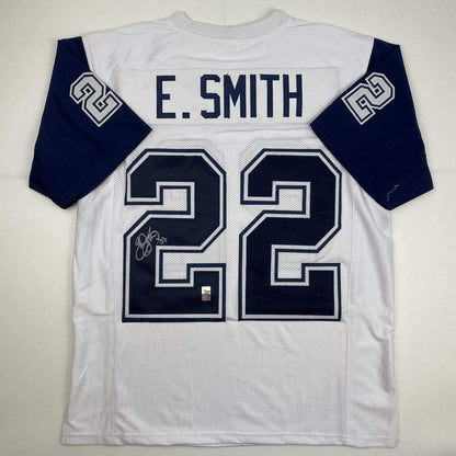 Autographed/Signed Emmitt Smith Dallas White Football Jersey GTSM COA Hologram Only