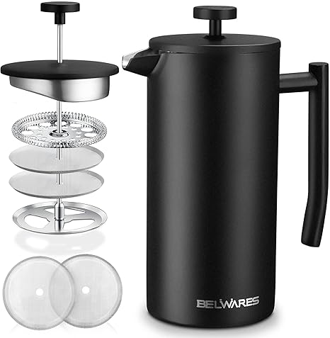 Belwares French Press Coffee Maker 50oz (1.5 Liter) | Stainless Steel 304 | Double Wall | 4 Level Filtration System | Black