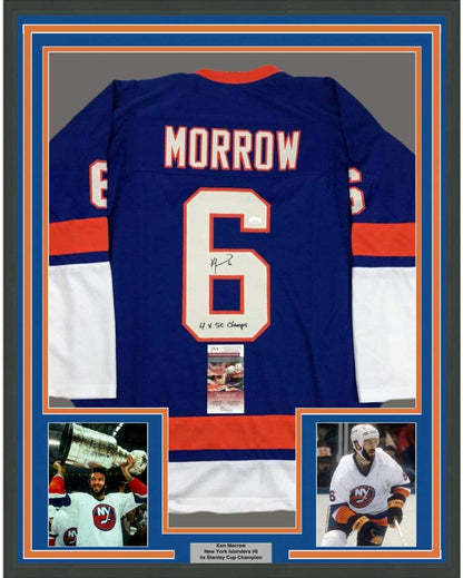 Framed Autographed/Signed Ken Morrow 4x SC Champs 35x39 New York Blue Hockey Jersey JSA COA