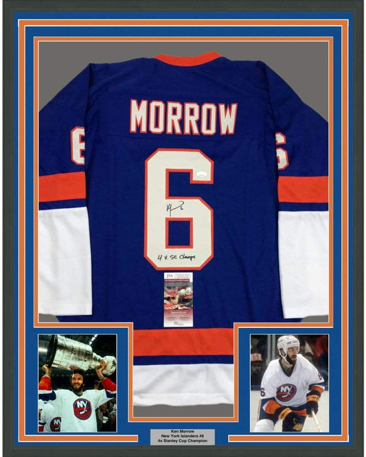 Framed Autographed/Signed Ken Morrow 4x SC Champs 35x39 New York Blue Hockey Jersey JSA COA
