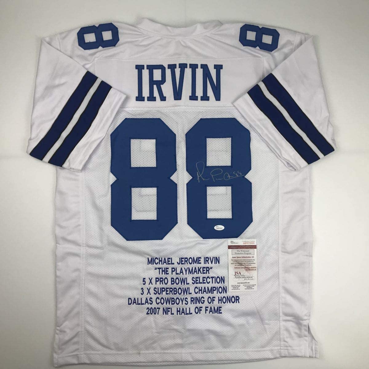 Autographed/Signed Michael Irvin Dallas White Stat Football Jersey JSA COA