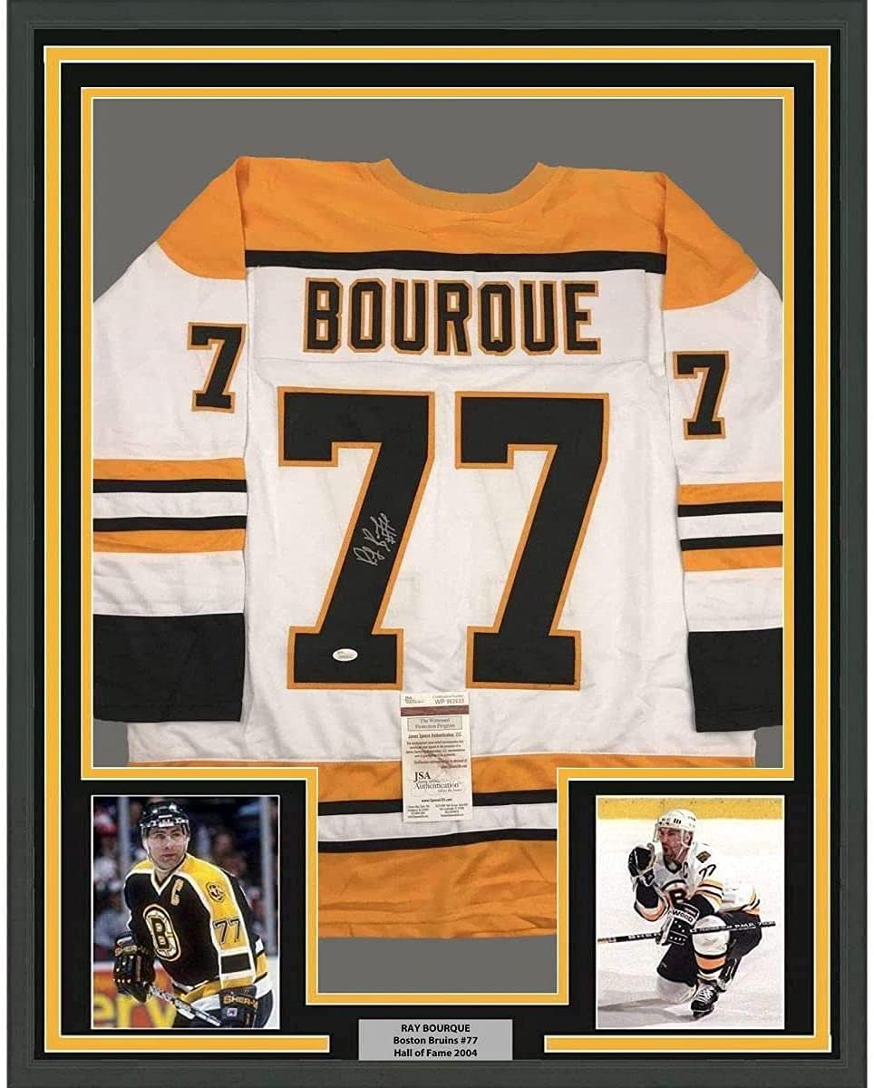 Framed Autographed/Signed Ray Bourque 35x39 Boston White Hockey Jersey JSA COA