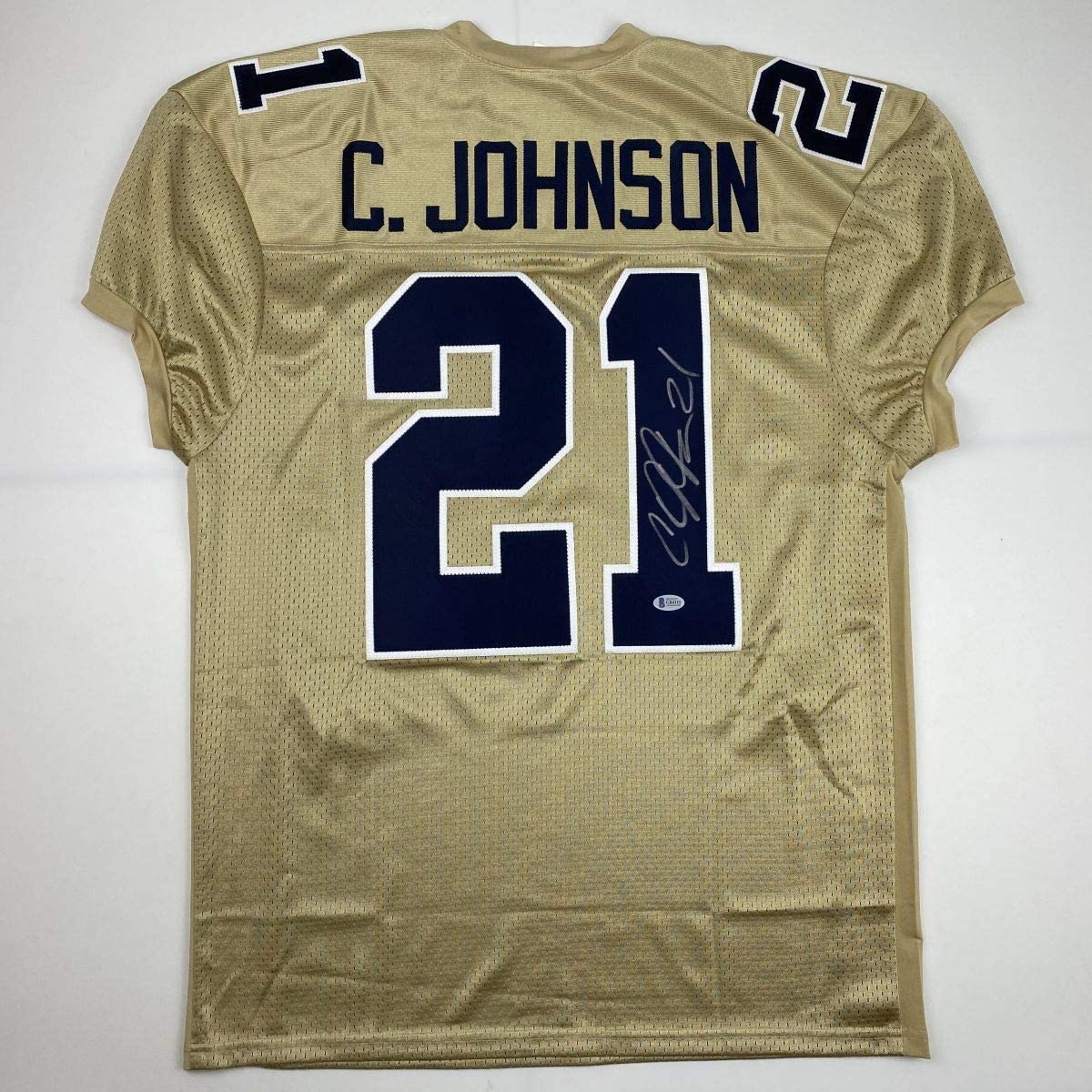 Autographed/Signed Calvin Johnson Georgia Tech Gold College Football Jersey Beckett BAS COA