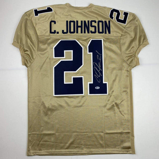 Autographed/Signed Calvin Johnson Georgia Tech Gold College Football Jersey Beckett BAS COA