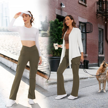 Flare Leggings for Women Yoga Crossover High Waist Pants with Tummy Control Workout Cargo with 5 Pockets Bootcut Leggings,Army Green(XL)