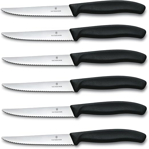 Victorinox 6.7233.6 Swiss Classic Steak Knife Set Ideal for Slicing a Wide Variety of Steak Cuts Serrated Blade in Black, Set of 6