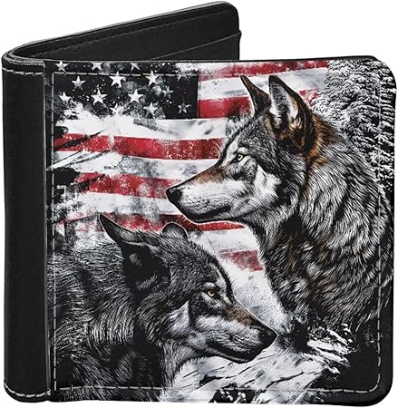 LedBack American Flag Wolf Design Minimalist Wallet for Men Boys Money Bag Organizer Card Case Clutch Leather ID Card Case
