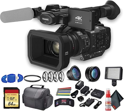 Panasonic AG-UX180 4K Professional Camcorder (AG-UX180PJ8) with UV Filter, Close Up Diopters, Wide Angle Lens, Tripod, Padded Case, LED Light, 64GB Memory Card and More Advanced Bundle