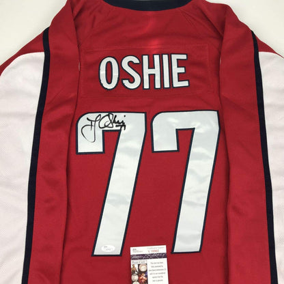 Autographed/Signed TJ T.J. Oshie Washington Red Hockey Jersey JSA COA