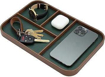 MUUJEE Leather Catchall Multitray (Design 3) - 11.65 x 7.75 x 0.8, Nightstand Entryway Bedside Dump Tray Valet Organizer for Keys Phone Wallet Watch Glasses Pens, Office Desk Accessory for Men, Green