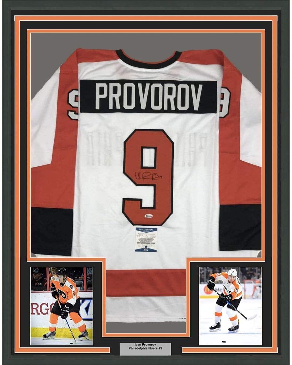 Framed Autographed/Signed Ivan Provorov 35x39 Philadelphia White Hockey Jersey Beckett BAS COA