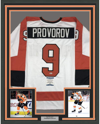 Framed Autographed/Signed Ivan Provorov 35x39 Philadelphia White Hockey Jersey Beckett BAS COA