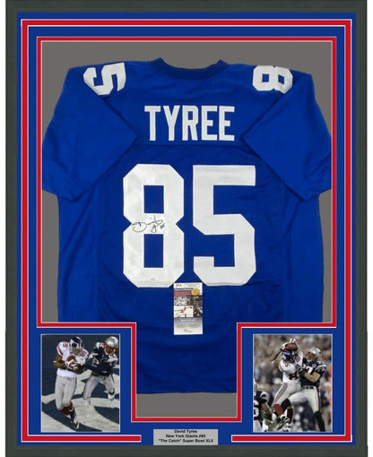 Framed Autographed/Signed David Tyree 35x39 New York Blue Super Bowl XLII Catch Football Jersey JSA COA