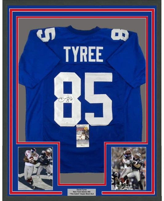 Framed Autographed/Signed David Tyree 35x39 New York Blue Super Bowl XLII Catch Football Jersey JSA COA