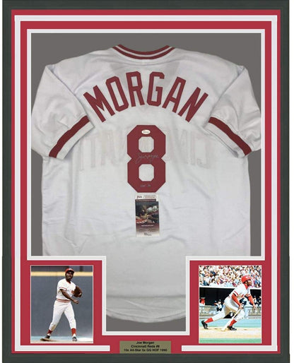 Framed Autographed/Signed Joe Morgan HOF 90 35x39 Cincinnati White Baseball Jersey JSA COA