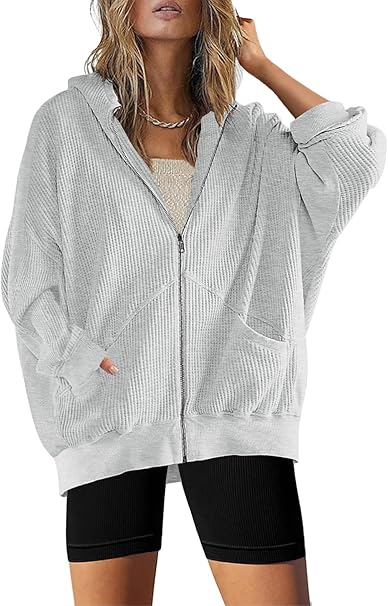 Womens Fashion Zip Up Hoodies Oversized Waffle Knit Jacket Shirts Long Sleeve Solid Shacket Blouse with Pockets