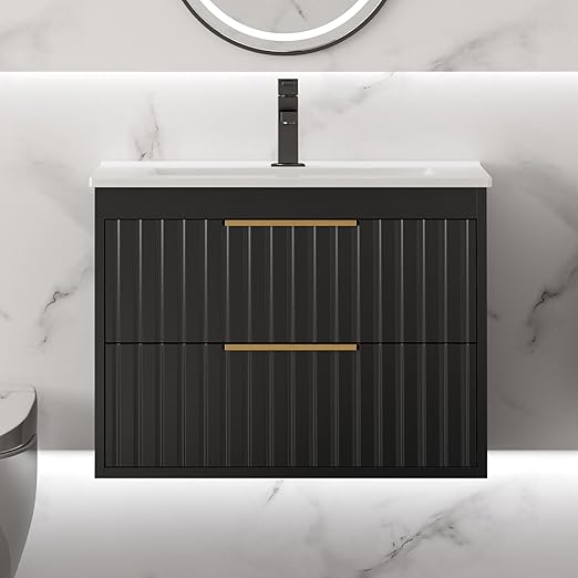 24" Bathroom Vanity Cabinet with Sink Combo, Wall Mounted Floating Bathroom Vanity with 2 Big Drawer and Gold Metal Handles, Black