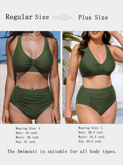 CUPSHE Women's Bikini Sets Two Piece Swimsuit V Neck Knot Front Swimwear High Waisted Shirred Bottom M Army Green