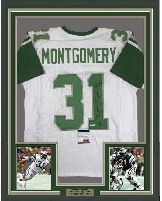 Framed Autographed/Signed Wilbert Montgomery Inscribed 35x39 Philadelphia White Football Jersey PSA/DNA COA